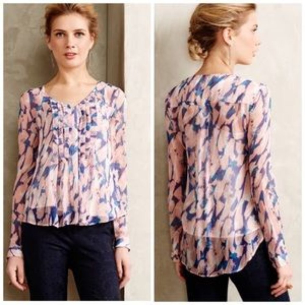 Anthropologie Pink and Blue Abstract Print Long-Sleeve Blouse